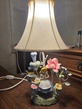 Rare Alice in Wonderland Floral Table Lamp - Cream Shade with Multicolor Base